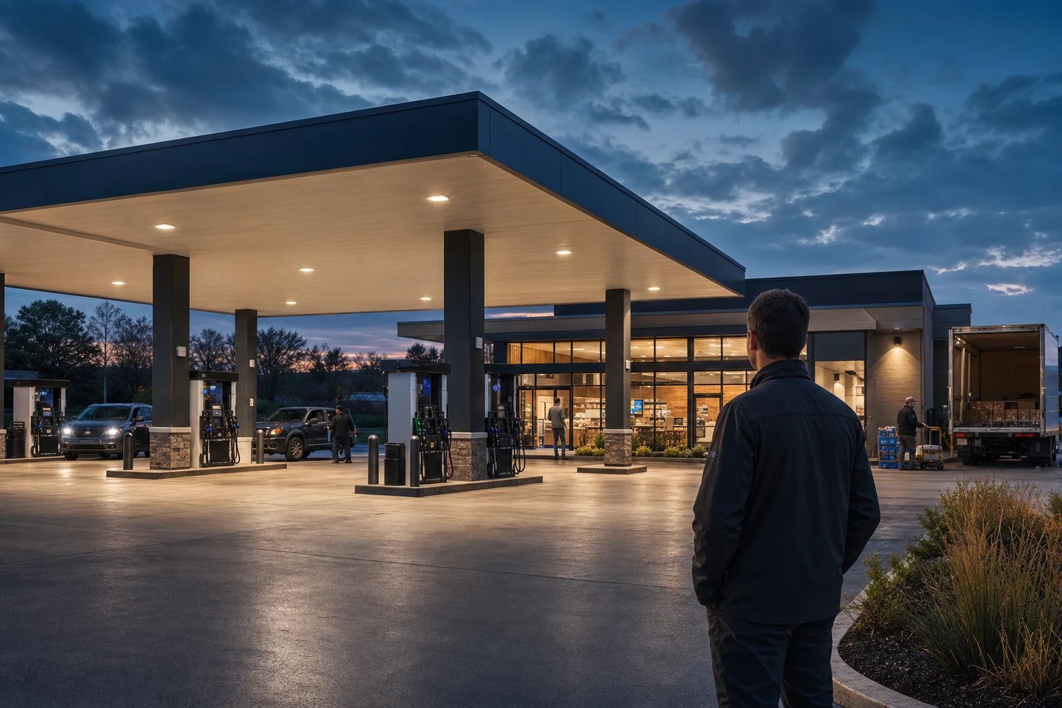 An owner surveying a modern convenience retail and fuel operation at blue hour